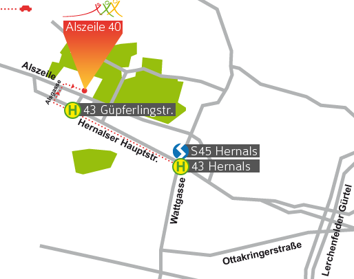 Lageplan: Fahren Sie mit der S45 bis Hernals oder mit dem 43er bis Gpferlingstrae. Dann biegen Sie rechts in die Gpferlingstrae und gleich wieder links in die Alszeile ein.